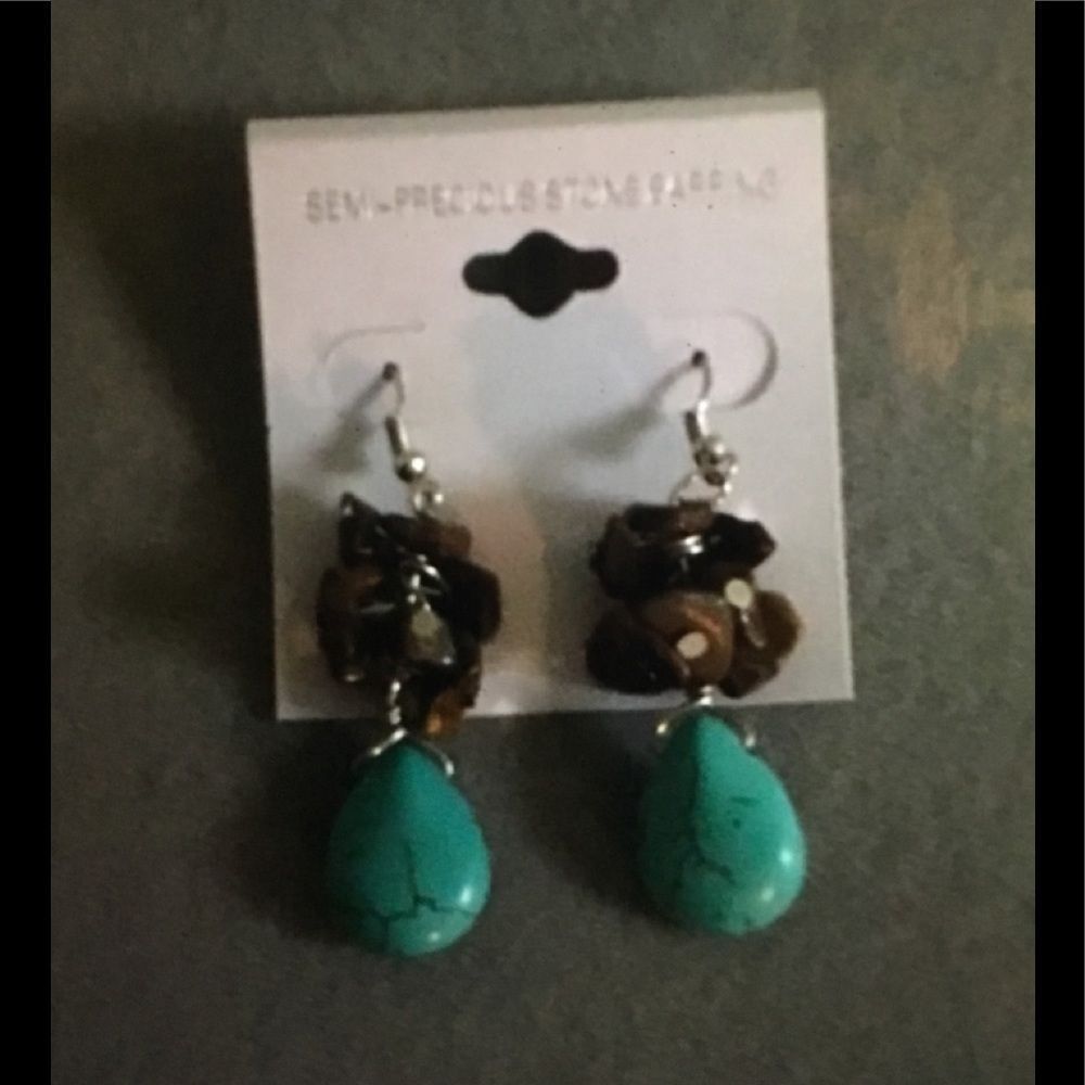 Genuine Teardrop Turquoise & Tigers' Eye Gemstone Dangle Earrings